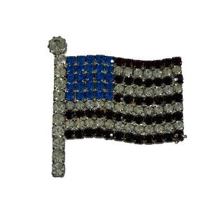 Vintage Large Bright Rhinestone Flag Brooch Pin Patriotic USA Red White Blue